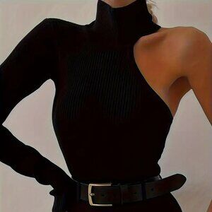 Black Rib One Sleeve Turtleneck Bodysuit L